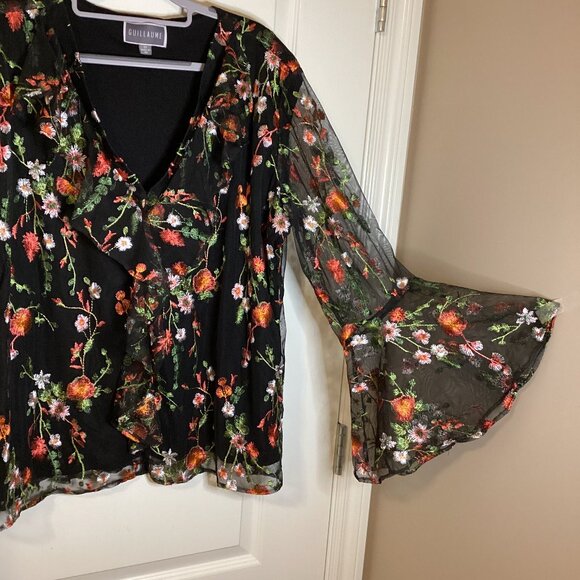 Guillaume Women's Sheer Top Blouse Size 2X Floral Embroidered Bell Sleeves Fairy - Picture 1 of 8